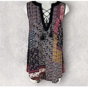 John Mark Top Small Sleeveless Paisley Abstract Art To Wear Tassel V Neck F38